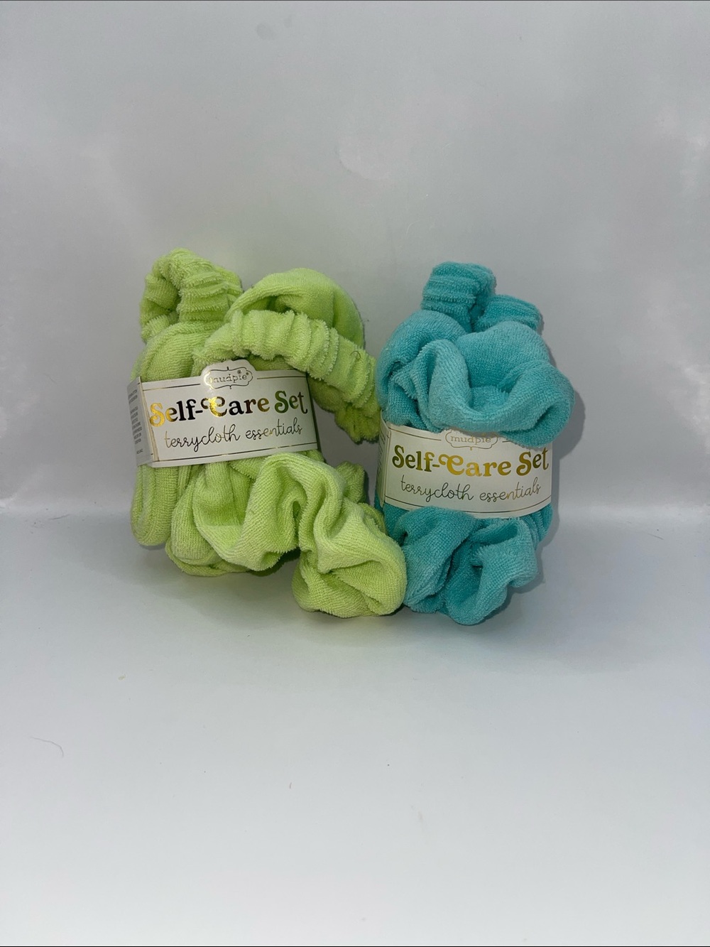 MudPie Self-Care Set Terrycloth Essentials Scrunchies - Lime Green & Teal